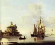 Francis Swaine An English two-deker and a Dutch barge at anchor off a coastal fort oil painting picture wholesale
